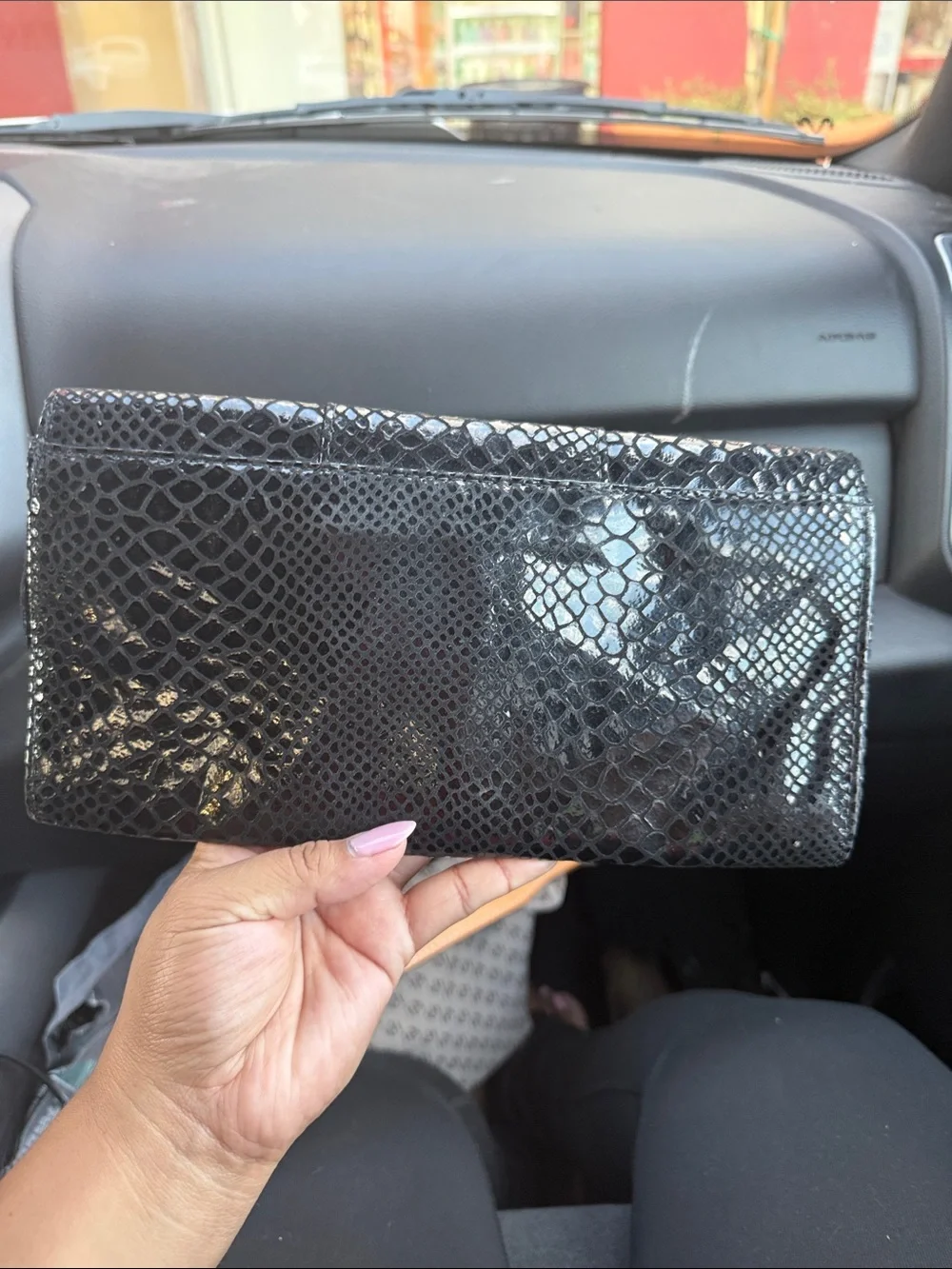 Black Snake-Embossed Gloss Clutch with Jeweled Buckle